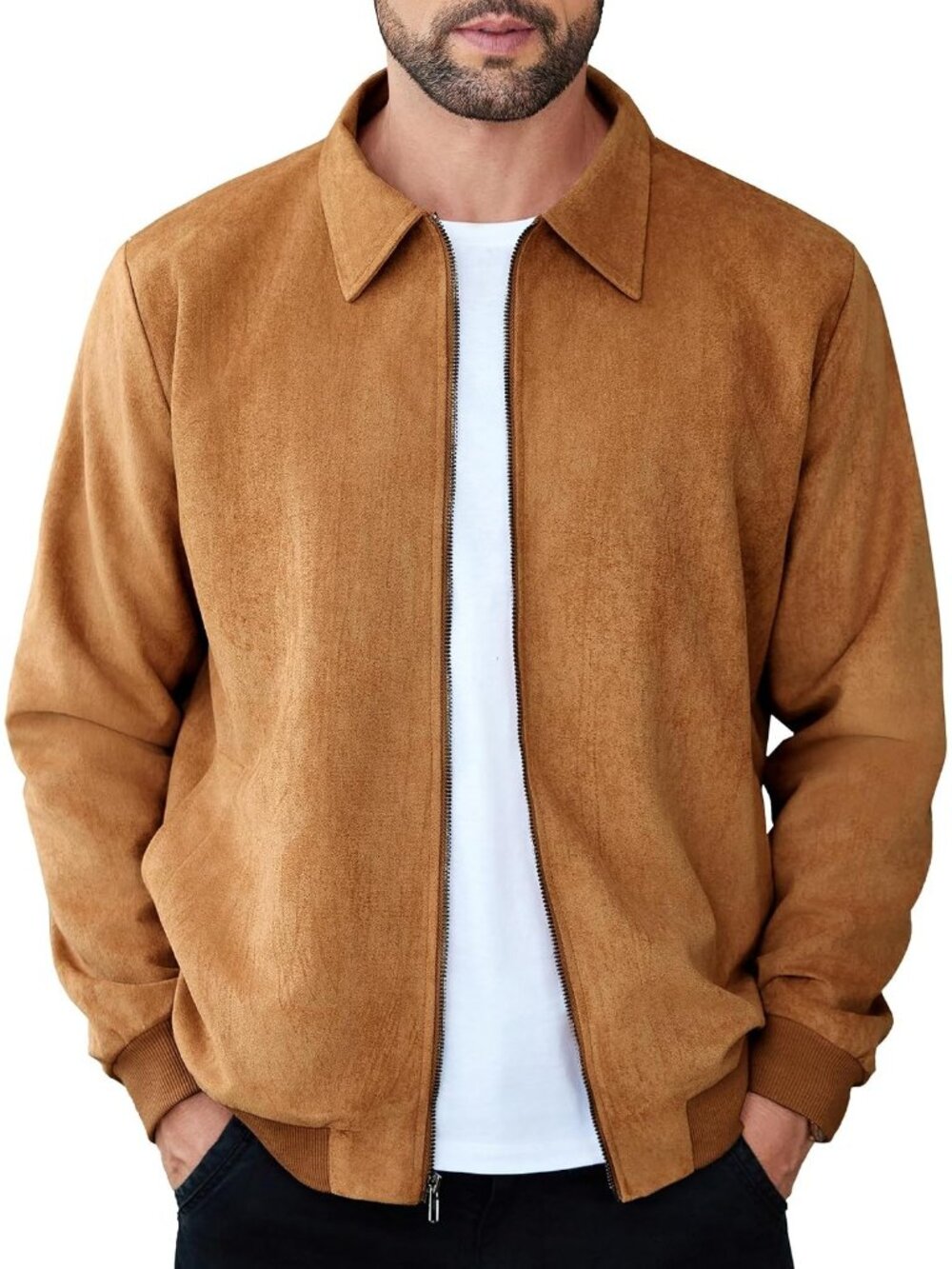 Men's Light Brown Faux Suede Full Zip Lightweight Casual Imported Bomber Jacket